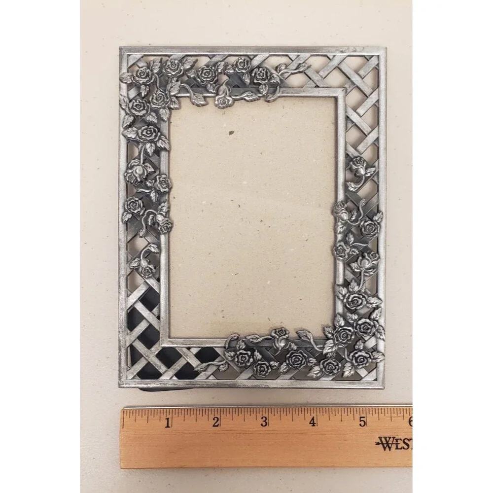Pewter Style Picture Frame 5” x 7” Photo Vintage Floral Rose Motif Lattice Roses